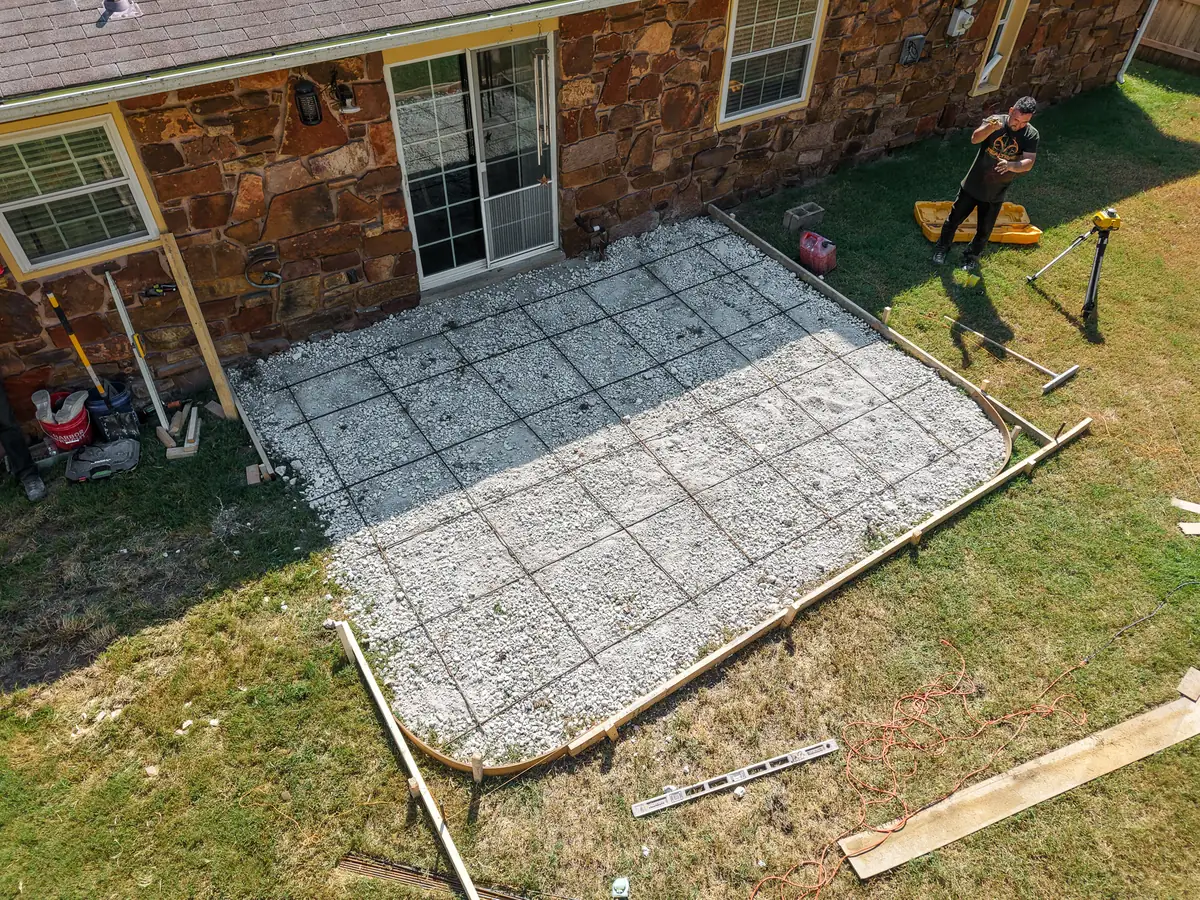 Aerial view of patio prep with forms and rebar