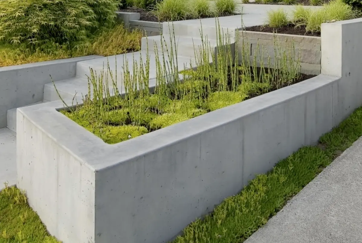Poured concrete retaining walls with planter beds